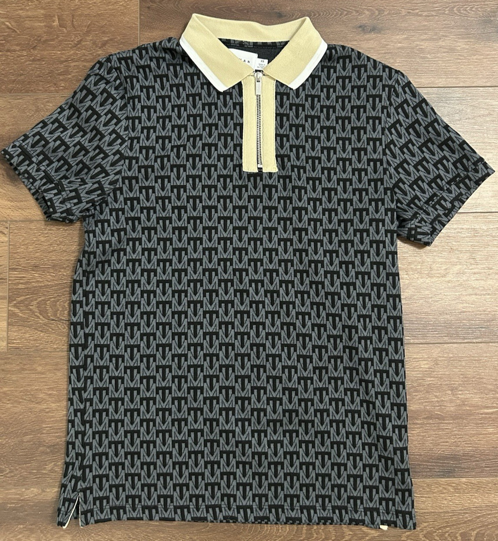Topman Polo Men's XS Black Gray Knit 1/4 Zip Shirt All Over Print
